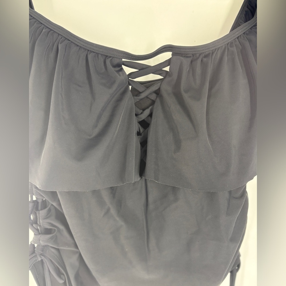 Rue+ Black Lace-Up Sides & Criss-Cross Front One-Piece Bathing Swimsuit- 1X - Picture 2 of 5